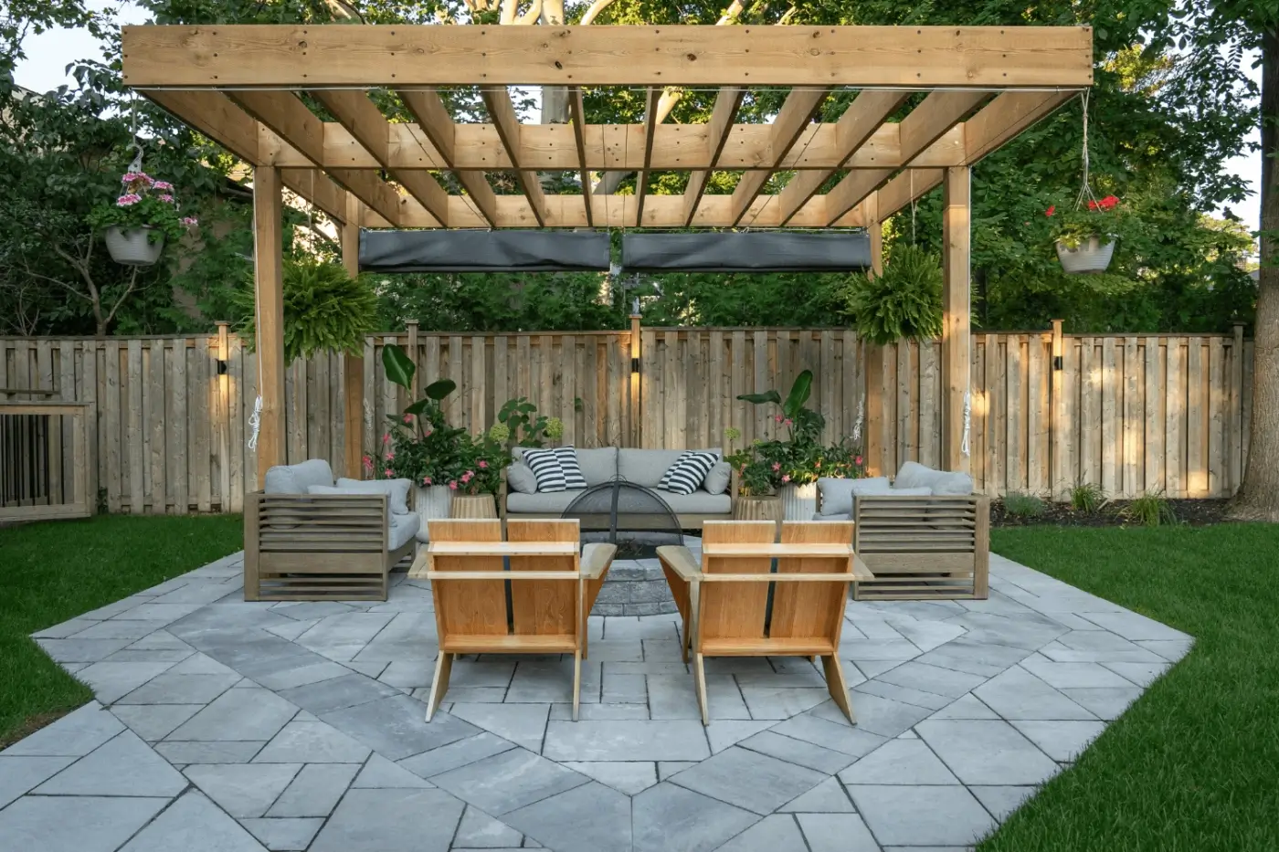Custom pergola with outdoor fireplace